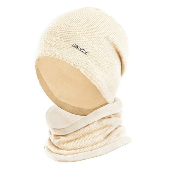 Dyfzdhu Winter Unisex Fashion Solid Velvet Thickened Warm Bib Knitted Wool Cap Hat Beige