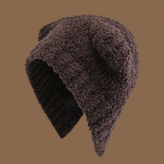 Dyfzdhu Winter Warm Woolen Hat Cute Bear Versatile Face Small Ear Cap Brown