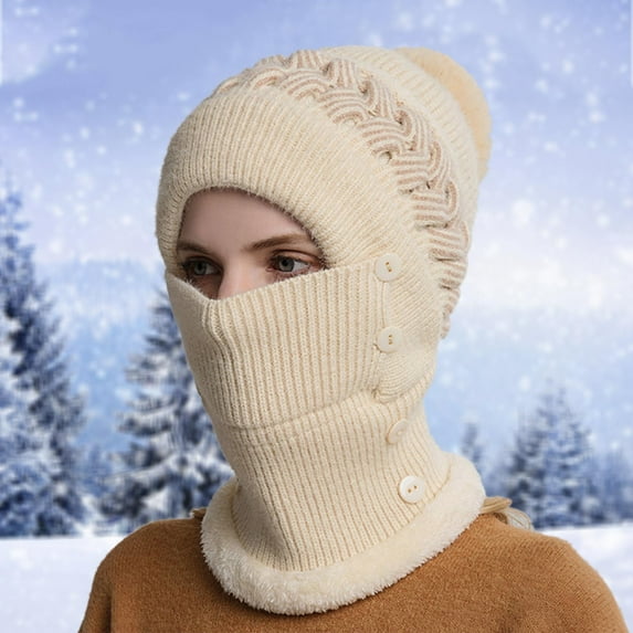 Dyfzdhu Women Autumn Winter Knit Hat With Wool Warm Bib Woolen Beige