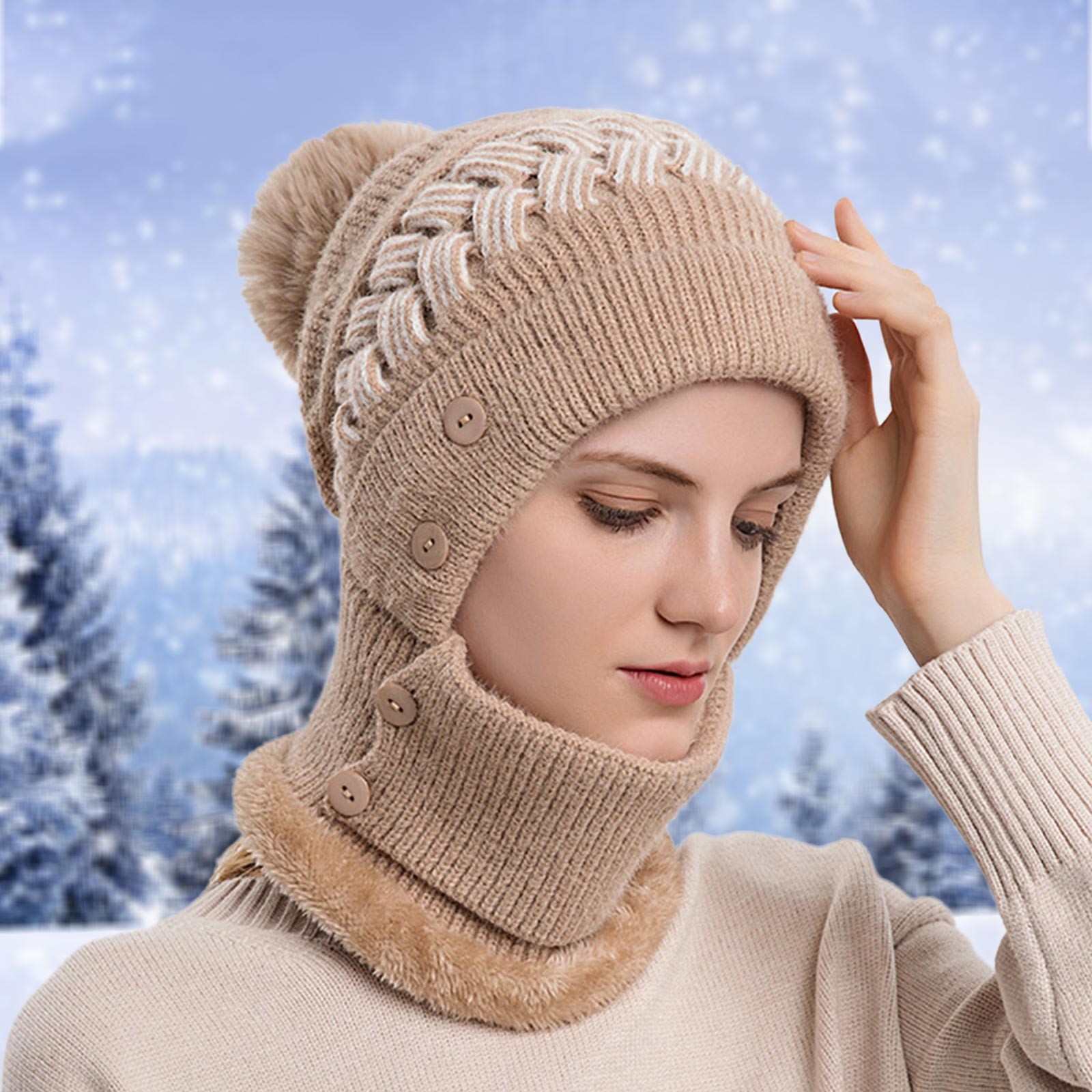 Dyfzdhu Women Autumn Winter Knit Hat With Wool Warm Bib 
