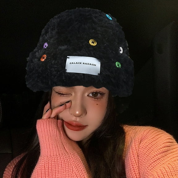Dyfzdhu Women Autumn Winter Plush Fisherman Hat Thick Warm Knit Black