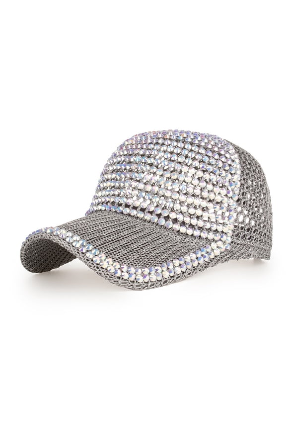Women Baseball Caps Adjustable Trendy Shiny Rhinestone Beach Sun Hat Gray