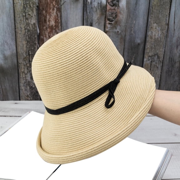 Dyfzdhu Women Bucket Hat Trendy Summer Bowler Sunblock Curly Rimmed Straw Sun Hats Beige