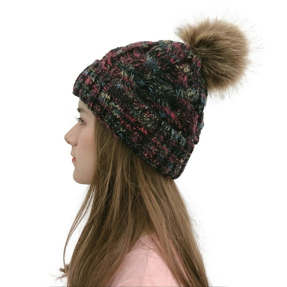 Dyfzdhu Women Casual Multicolor Outdoor Plush Ball Hats Crochet Knit Beanie Cap Black