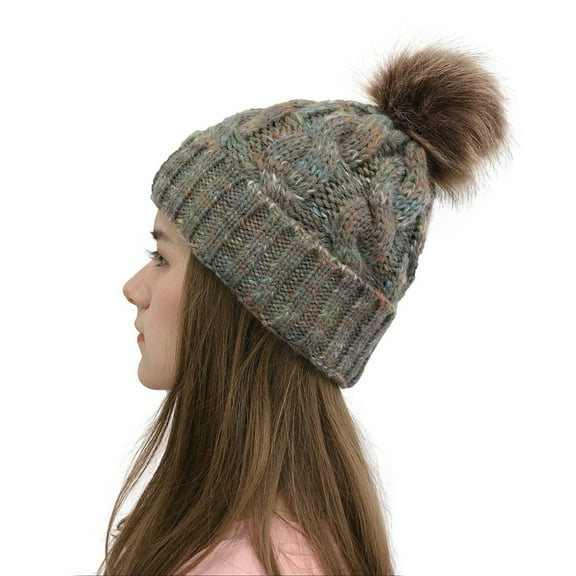 Dyfzdhu Women Casual Multicolor Outdoor Plush Ball Hats Crochet Knit Beanie Cap Gray