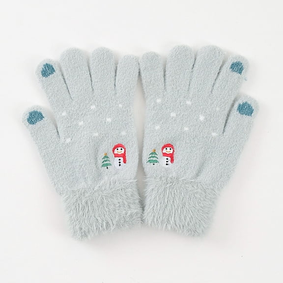 Dyfzdhu Women Casual Snowman Embroidered Plush Full Finger Gloves Winter Warm Gloves Blue