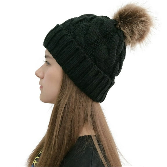 Dyfzdhu Women Casual Solid Stitching Outdoor Plush Ball Hats Crochet Knit Beanie Cap Black
