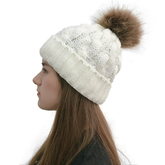 Dyfzdhu Women Casual Solid Stitching Outdoor Plush Ball Hats Crochet Knit Beanie Cap White