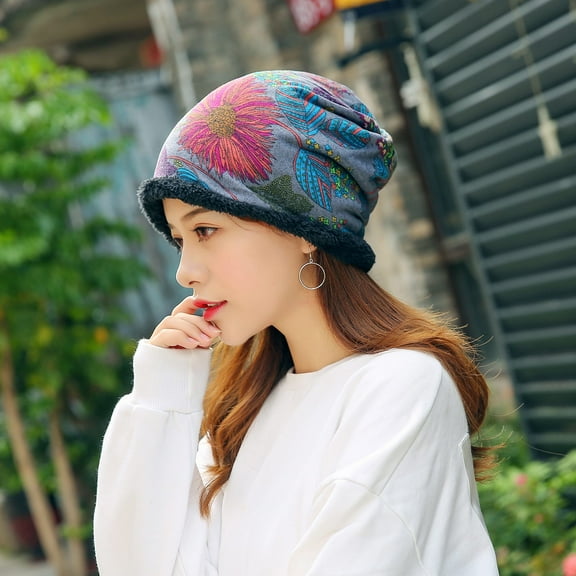 Dyfzdhu Women Casual Stitching Windproof Outdoor Warm Protection Plush Hat Gray