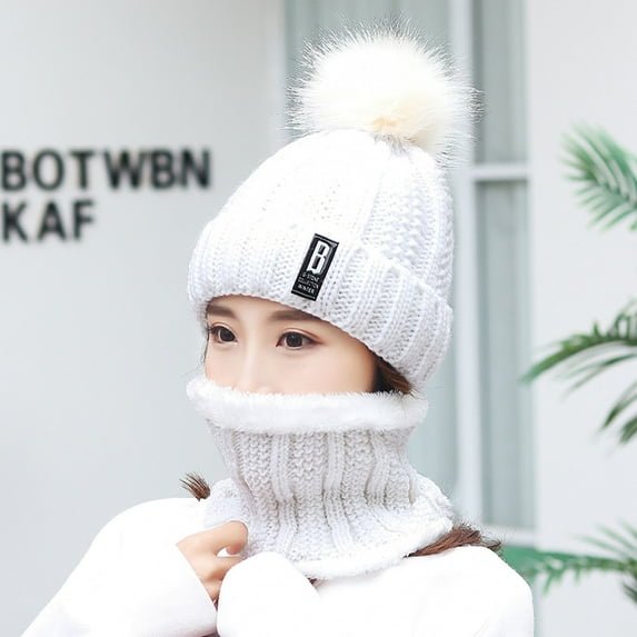 Dyfzdhu Women Cute Ball Plus Velvet Warm Knitted Two-Piece Hat B-Mark Letter Woolen