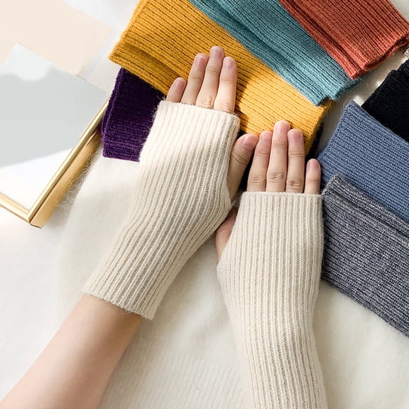 Dyfzdhu Women Cute Fall Winter Solid Color Knitted Half Knitted Woolen Gloves
