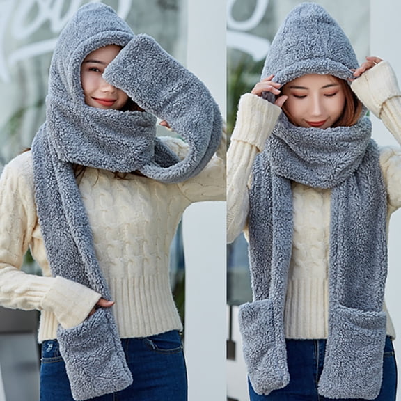 Dyfzdhu Women Cute Thick Hat Ear Protectors Warm Plush Scarf Gloves Set Gray