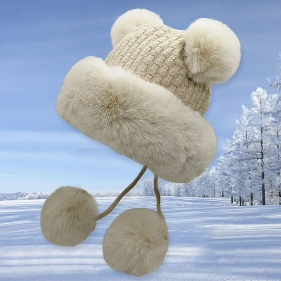 Dyfzdhu Women Cute Winter Snow Hat Thick Warm Knitted Ear Protection Wool Beige