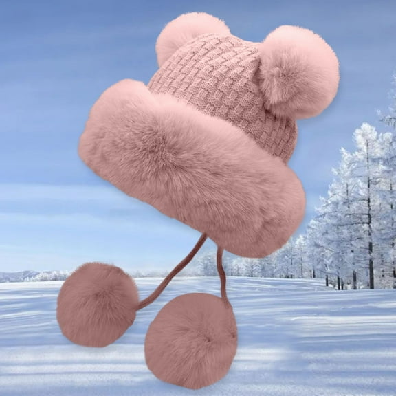 Dyfzdhu Women Cute Winter Snow Hat Thick Warm Knitted Ear Protection Wool Pink
