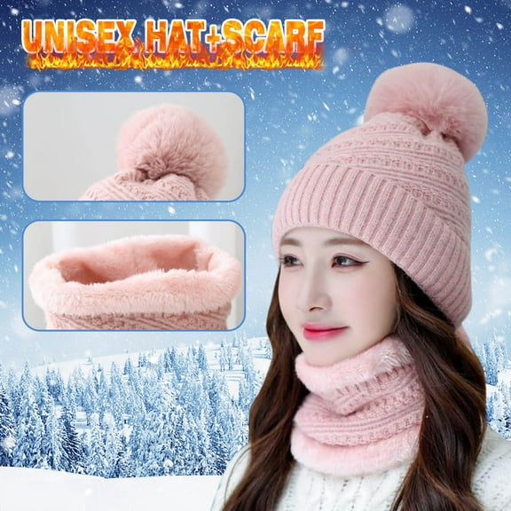 Dyfzdhu Women Earmuffs Add Flocking Thermal Cycling Warm Winter Hat Knitting Scarf Pink