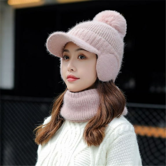 Dyfzdhu Women Earmuffs Add Flocking Thermal Cycling Warm Winter Hat Knitting Scarf Pink