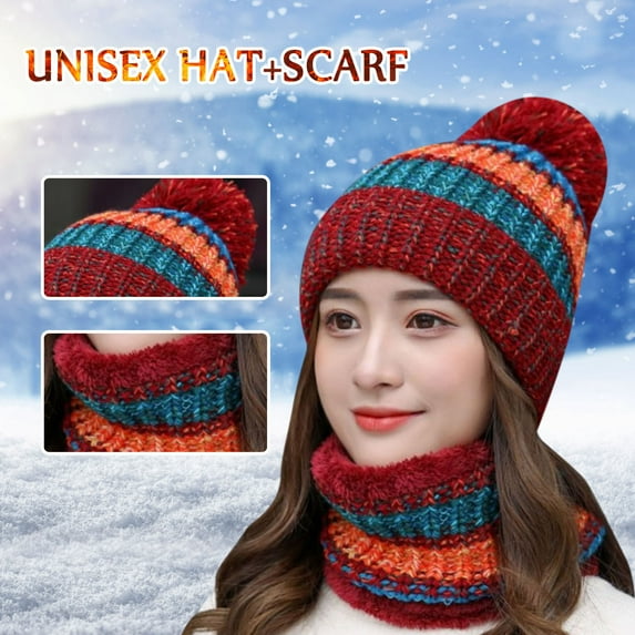 Dyfzdhu Women Earmuffs Add Flocking Thermal Cycling Warm Winter Hat Knitting Scarf Red