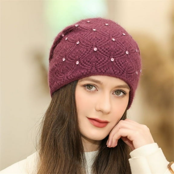Dyfzdhu Women Elegant Trendy Warm Chunky Soft Stretch Cable Knit Winter Hat With Pearl Beaded Trim Cap Pink
