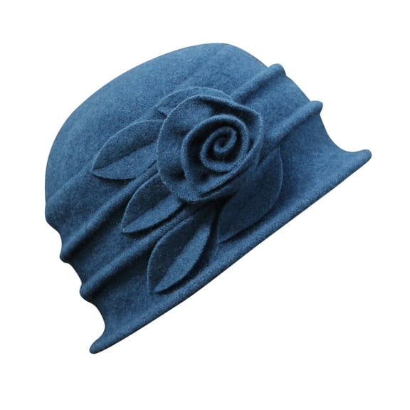 Womens Baseball Caps Wide Brim Sun Hats For Women UV Protection Ladies Elegant Wool Flower Vintage Cloche Blue
