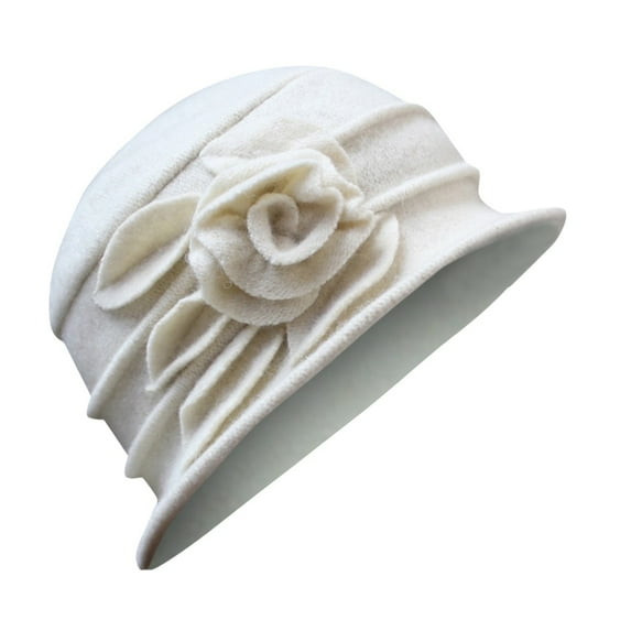 Womens Baseball Caps Wide Brim Sun Hats For Women UV Protection Ladies Elegant Wool Flower Vintage Cloche White