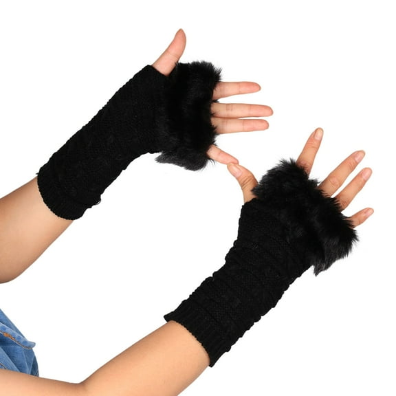 Dyfzdhu Women Fall Winter Butterfly Pattern Plus Wool Knitting Half Finger Warm Black