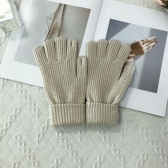Dyfzdhu Women Fall Winter Casual Solid Color Knit Warm Gloves Beige