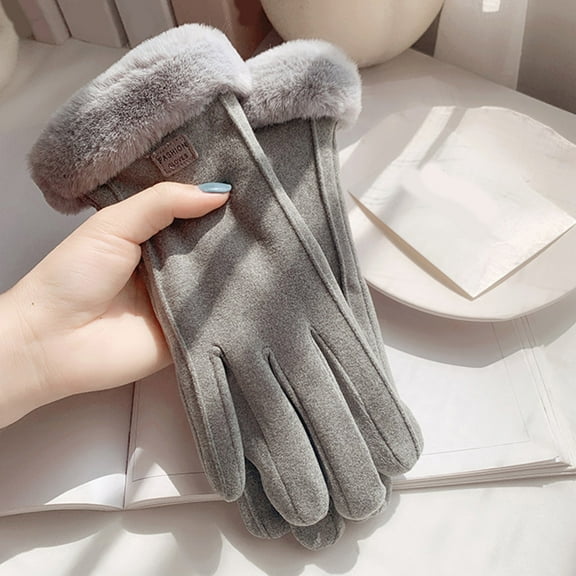 Dyfzdhu Women Fall Winter Fashion Simple Solid Color Edge Warm Gloves Grey