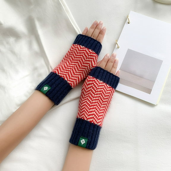 Dyfzdhu Women Fall Winter Knitted Warm Herringbone Pattern Woven Half Gloves