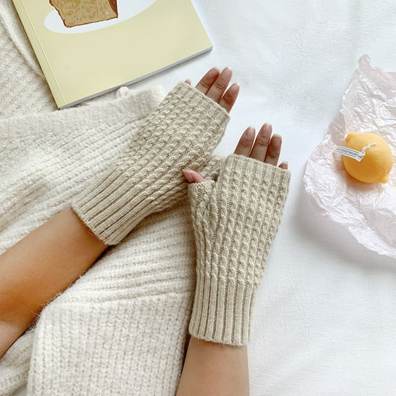 Dyfzdhu Women Fall Winter Solid Color Multicolor Twist Knitted Wool Half Gloves Beige
