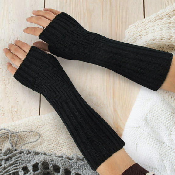 Dyfzdhu Women Fashion Knitted Arm Sleeve Fingerless Winter Gloves Soft Warm Mitten Black