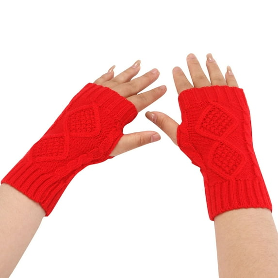 Dyfzdhu Women Fashion Knitted Plush Twist Windproof Warm Thickened Fingered Plus Fleece Gloves Red