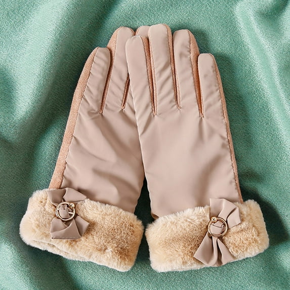 Dyfzdhu Women Fashion Warm Gloves Outdoor Riding Driving Cute Bow Plus Fleece Touched Screen NonSlip Gloves Khaki