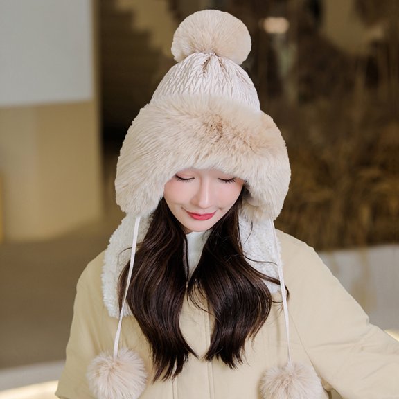 Dyfzdhu Women Fashion Winter Hat Plush Thicken Custom Warm Hats Wool Cap Beige