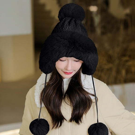 Dyfzdhu Women Fashion Winter Hat Plush Thicken Custom Warm Hats Wool Cap Black