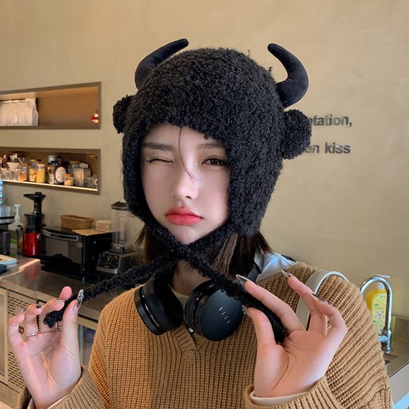 Dyfzdhu Women Fashion Winter Hat Plush Thicken Custom Warm Hats Wool Cap Black