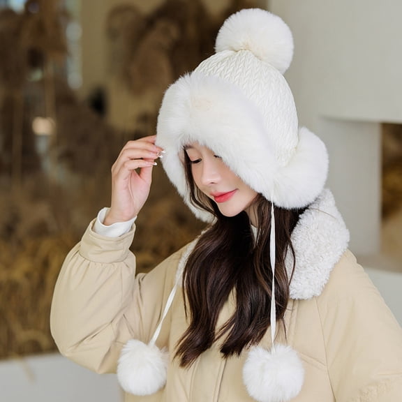 Dyfzdhu Women Fashion Winter Hat Plush Thicken Custom Warm Hats Wool Cap White