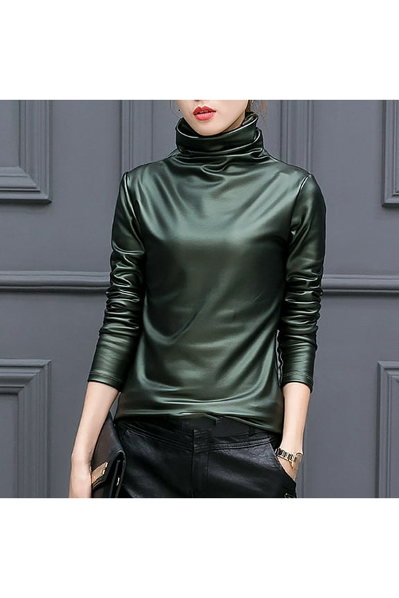 Women Faux Leather Basic Tops Plus Size Casual Solid Turtleneck Long Sleeve T Shirt Blouse Green