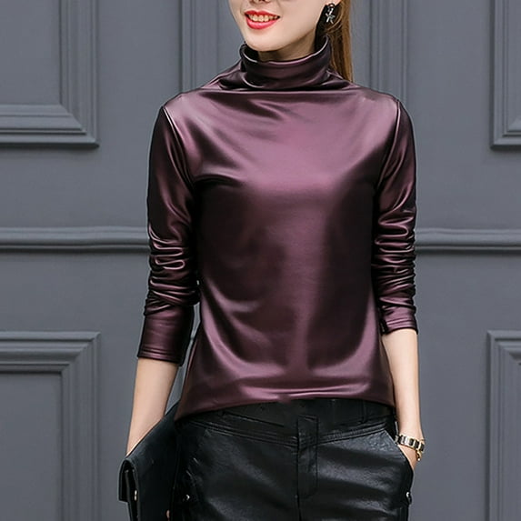 Dyfzdhu Women Faux Leather Basic Tops Plus Size Casual Solid Turtleneck Long Sleeve T Shirt Blouse Red