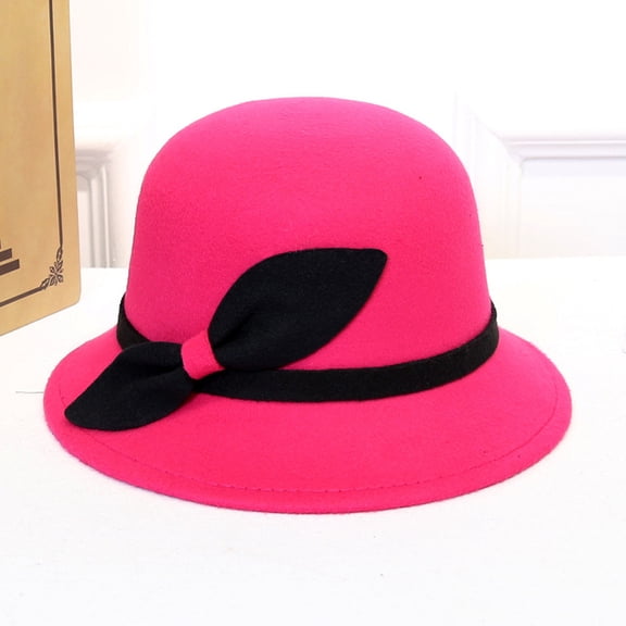 Dyfzdhu Women Faux Wool Bucket Hats Fashion Bowler Cap With Bowknot Pink