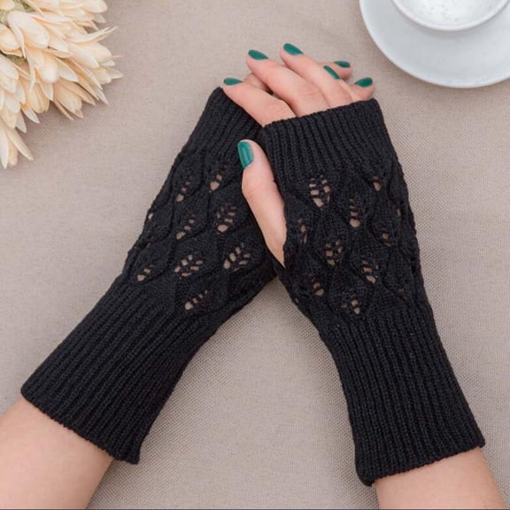 Dyfzdhu Women Girl Knitted Arm Fingerless Keep Warm Winter Gloves Soft Warm Mitten Black