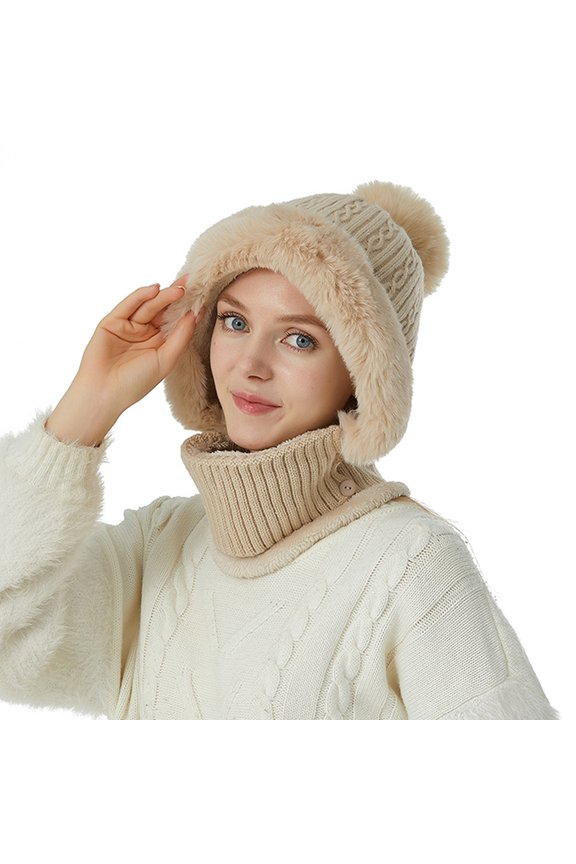 Women Hat Neck Kit Fashion Simple Versatile Knit Warm Ear Protection Beige