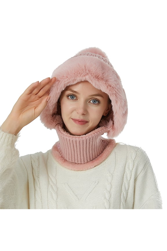 Women Hat Neck Kit Fashion Simple Versatile Knit Warm Ear Protection Pink