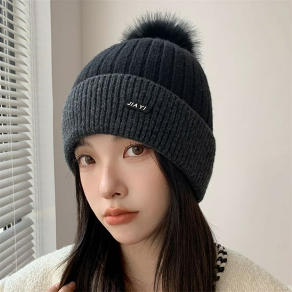 Dyfzdhu Women Knitted Winter Fashion Splice Hats Hairball Raccoon Warm Ski Cap Trim Hat Black