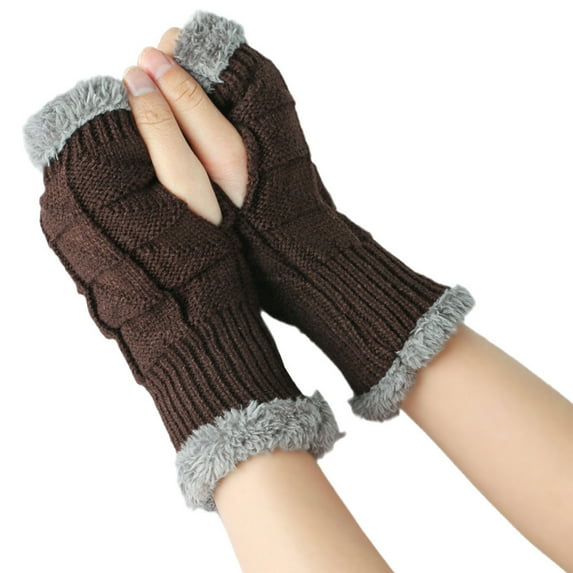 Dyfzdhu Women Knitted Wool Fingerless Gloves Half Finger Short Warm Gloves Coffee