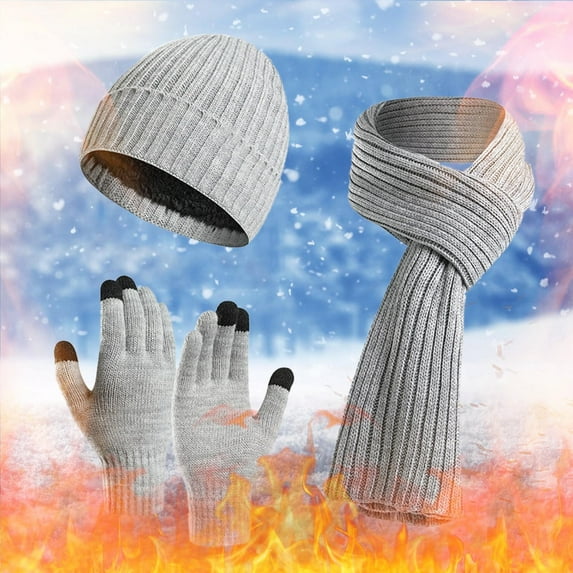 Dyfzdhu Women&Men Fall Winter Warm Wool Hat Scarf Gloves Slouchy Three Pieces Winter Snow Knit Cap Screen Mittens Scarves Sets Dark Gray