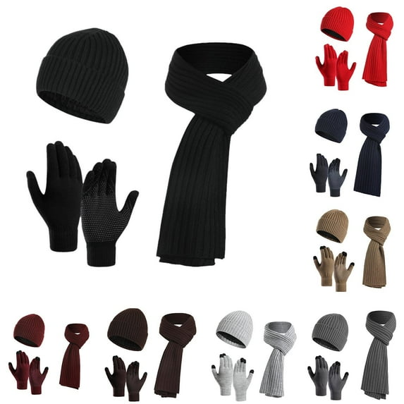 Dyfzdhu Women&Men Fall Winter Warm Wool Hat Scarf Gloves Slouchy Three Pieces Winter Snow Knit Cap Screen Mittens Scarves Sets Navy