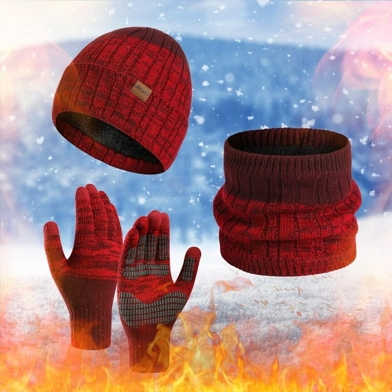 Dyfzdhu Women&Men Fall Winter Warm Wool Hat Scarf Gloves Slouchy Three Pieces Winter Snow Knit Cap Screen Mittens Scarves Sets Red