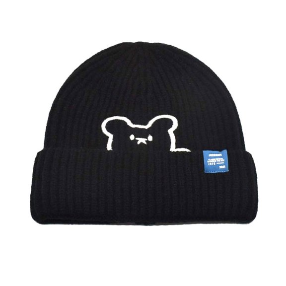 Dyfzdhu Women Men Knitted Winter Fashion Color Bear Hats Hairball Raccoon Warm Ski Cap Trim Hat Black