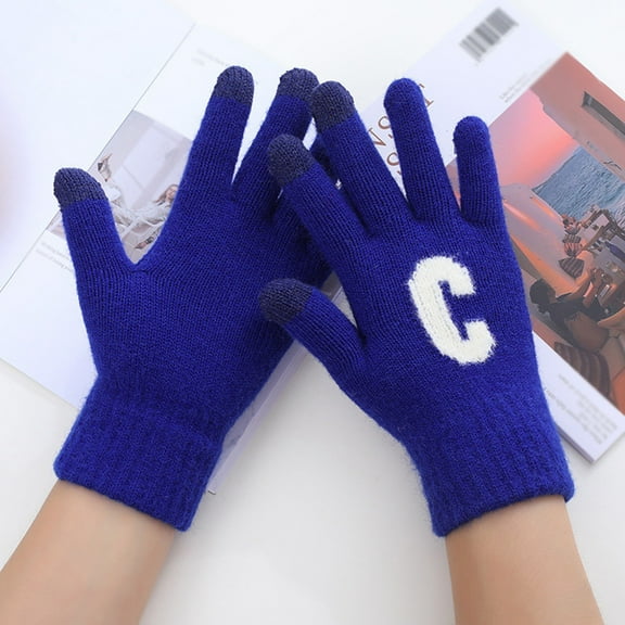 Dyfzdhu Women Men Touch Screen Gloves Warm Stretch Knitted Letter Printing Golves Students Outdoor Blue