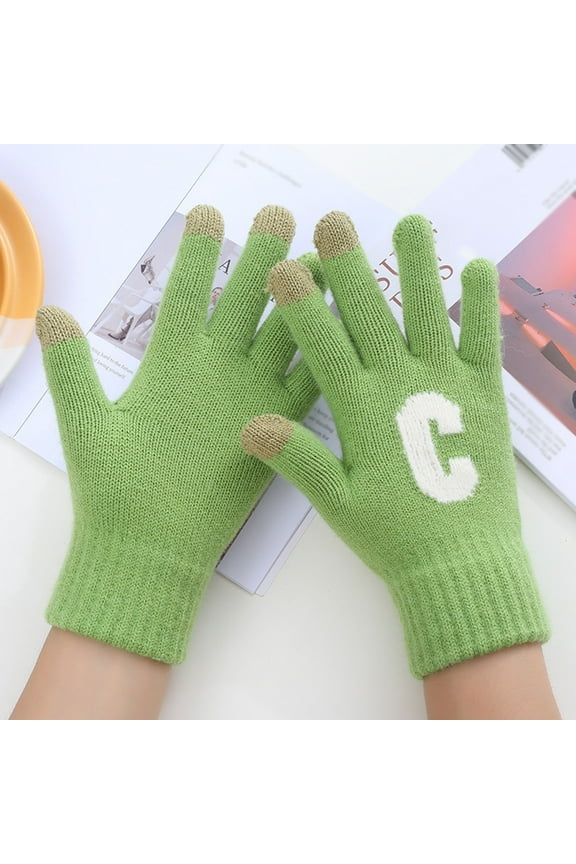Women Men Touch Screen Gloves Warm Stretch Knitted Letter Printing Golves Students Outdoor Green